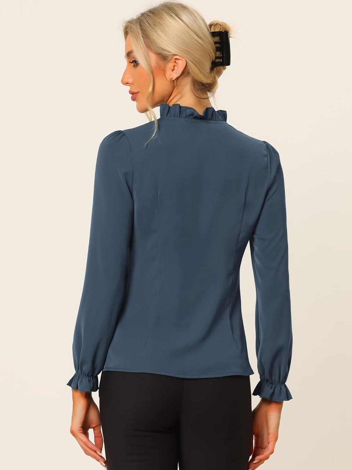 imageAllegra K Womens Fall Blouse 2025 Long Sleeve Ruffle Tie Neck Business Work TopDark Blue