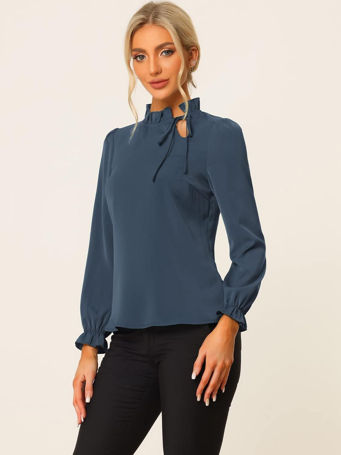 imageAllegra K Womens Fall Blouse 2025 Long Sleeve Ruffle Tie Neck Business Work TopDark Blue