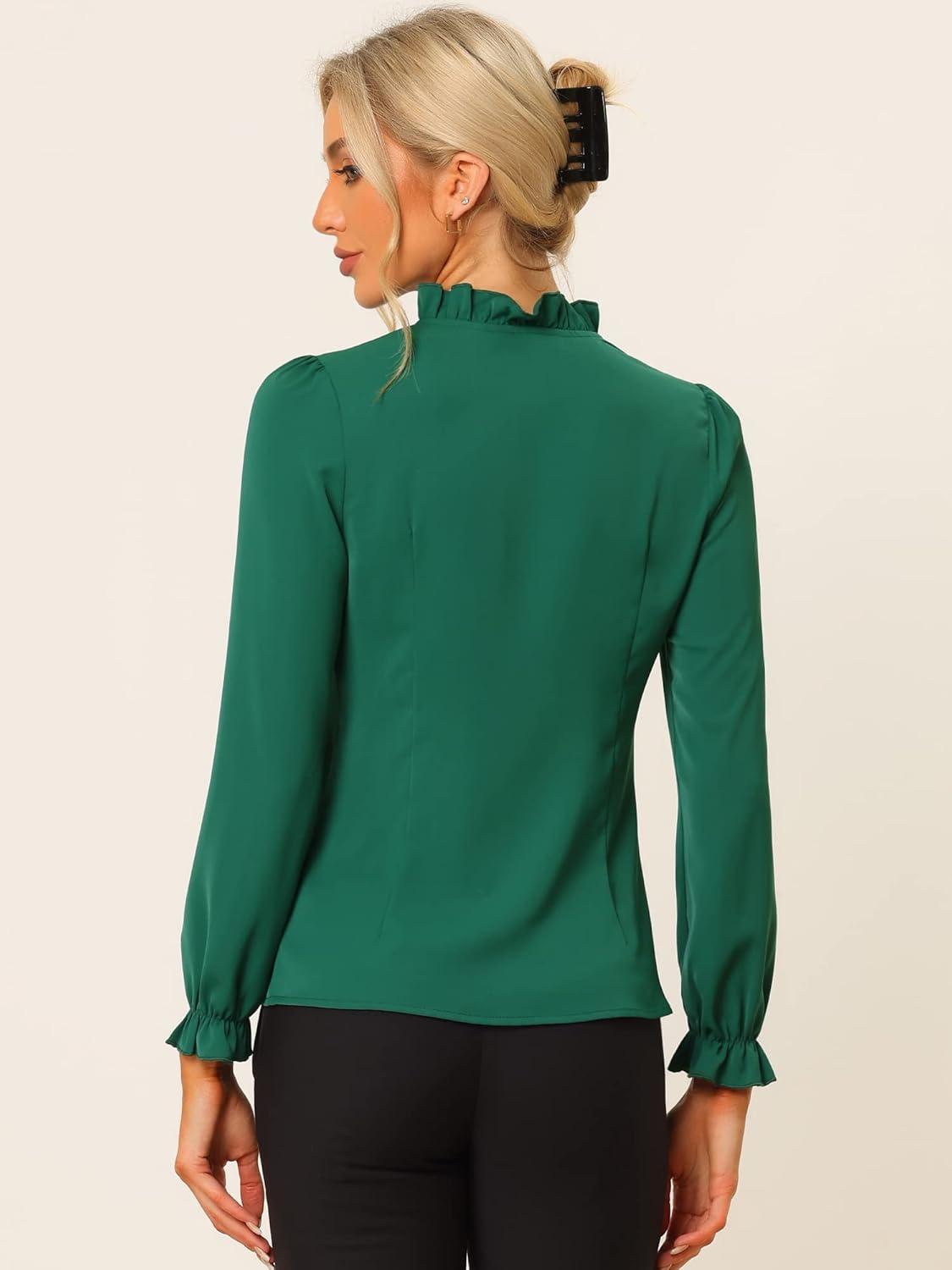 imageAllegra K Womens Fall Blouse 2025 Long Sleeve Ruffle Tie Neck Business Work TopDark Green