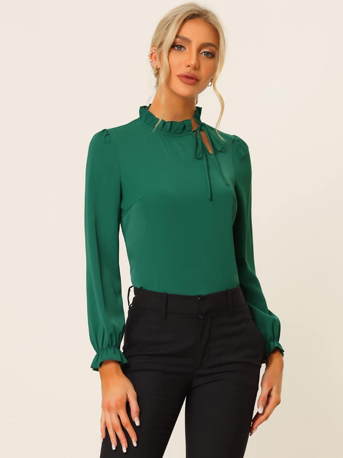 imageAllegra K Womens Fall Blouse 2025 Long Sleeve Ruffle Tie Neck Business Work TopDark Green