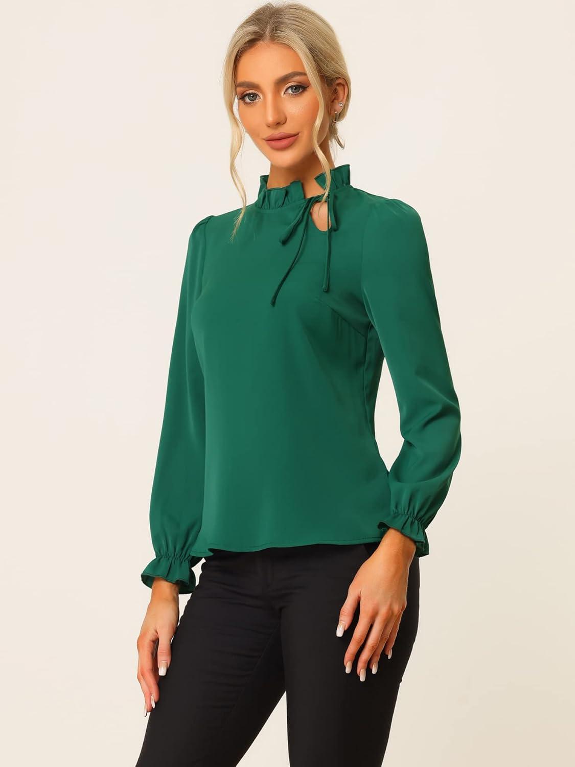 imageAllegra K Womens Fall Blouse 2025 Long Sleeve Ruffle Tie Neck Business Work TopDark Green