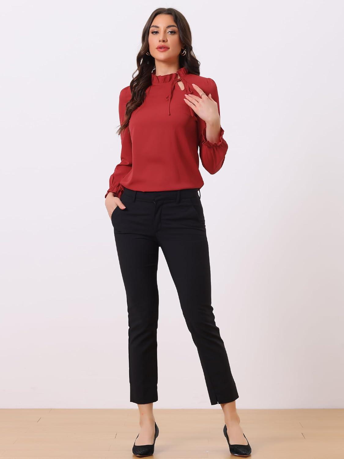 imageAllegra K Womens Fall Blouse 2025 Long Sleeve Ruffle Tie Neck Business Work TopDark Red