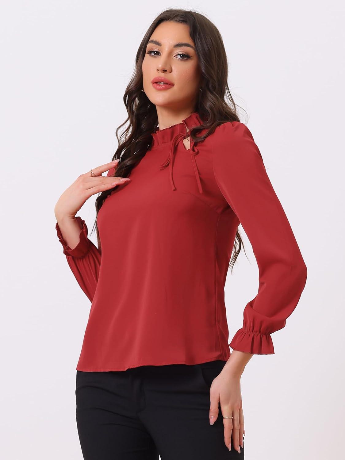 imageAllegra K Womens Fall Blouse 2025 Long Sleeve Ruffle Tie Neck Business Work TopDark Red