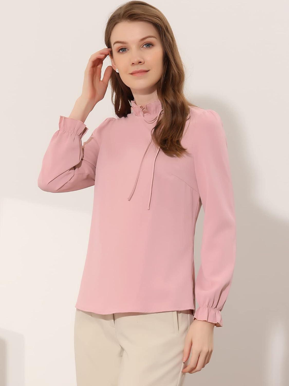 imageAllegra K Womens Fall Blouse 2025 Long Sleeve Ruffle Tie Neck Business Work TopPink