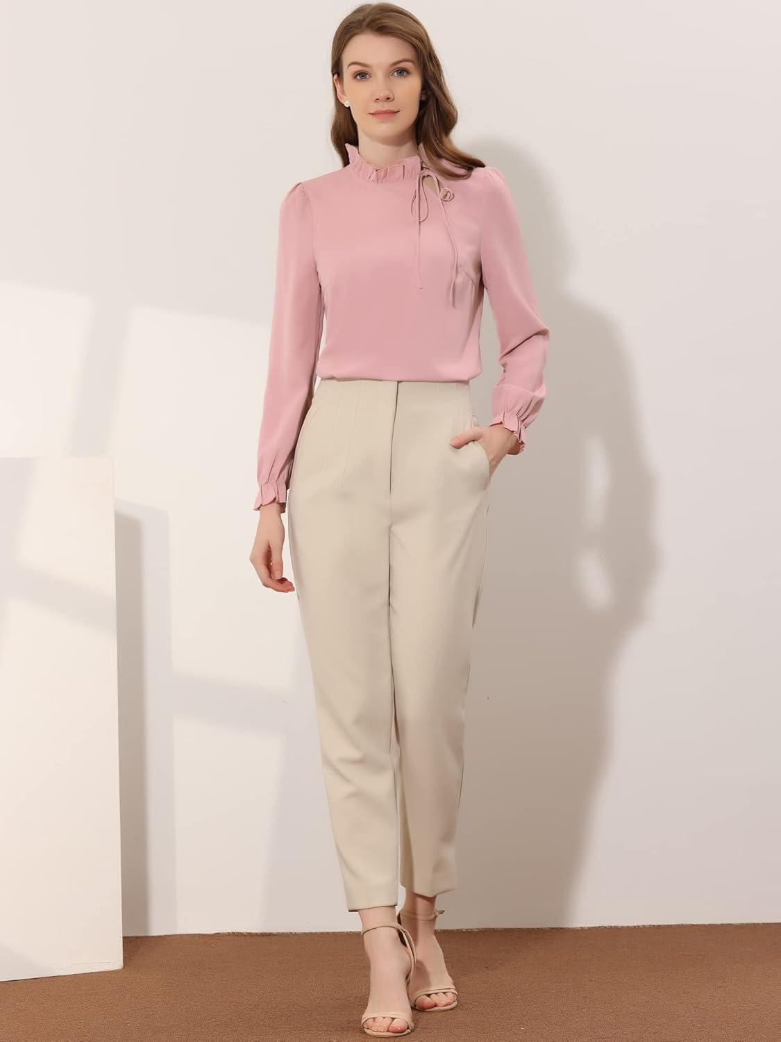 imageAllegra K Womens Fall Blouse 2025 Long Sleeve Ruffle Tie Neck Business Work TopPink