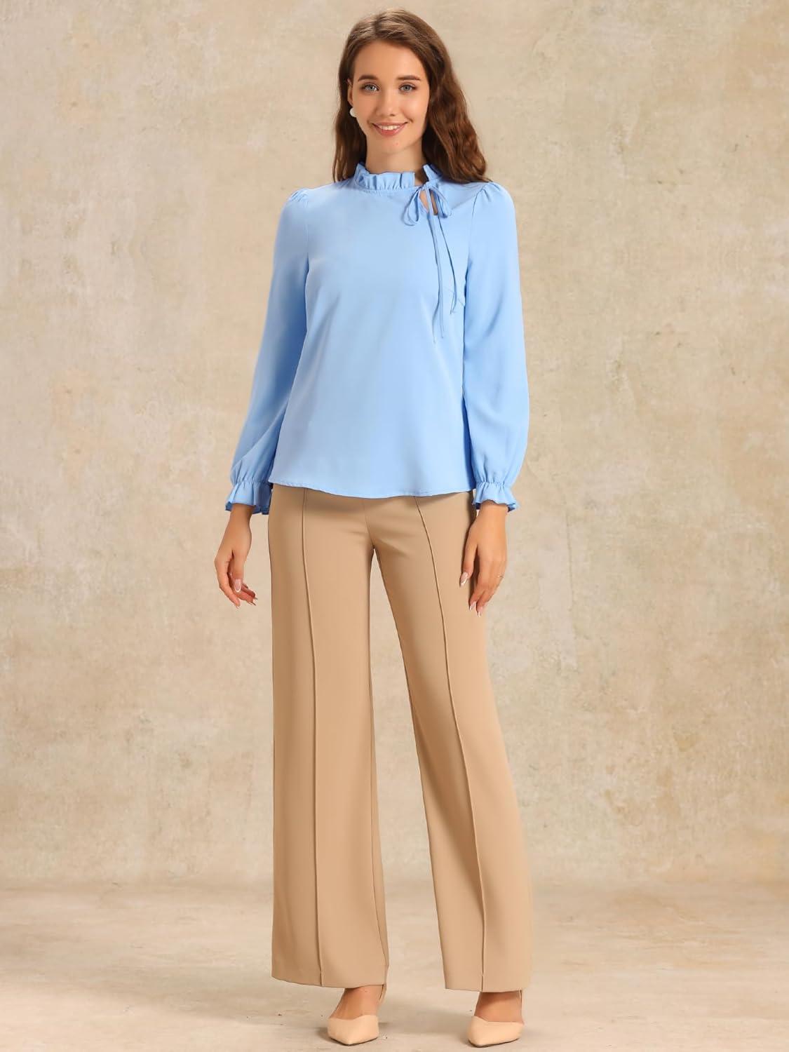 imageAllegra K Womens Fall Blouse 2025 Long Sleeve Ruffle Tie Neck Business Work TopSky Blue