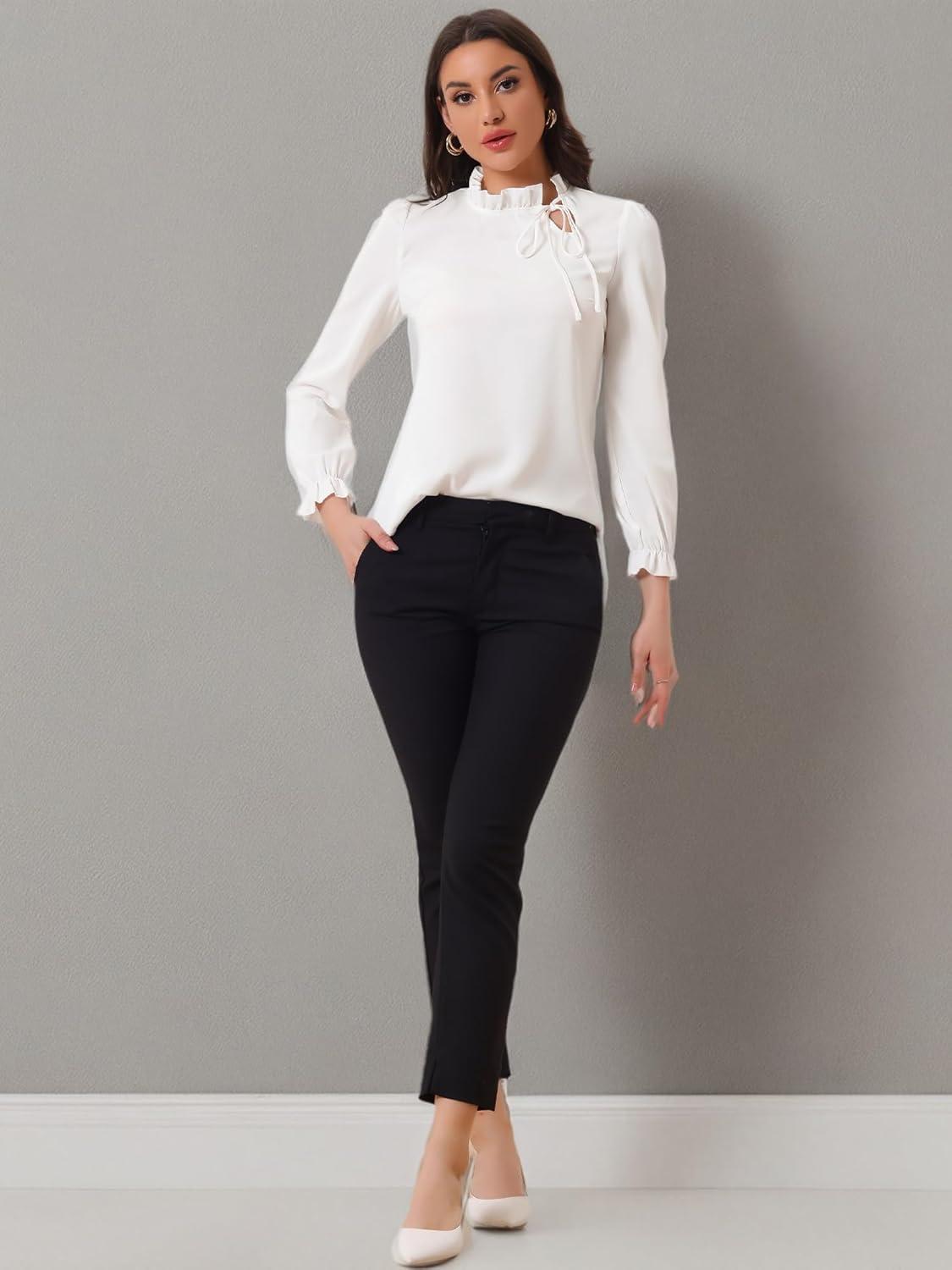 imageAllegra K Womens Fall Blouse 2025 Long Sleeve Ruffle Tie Neck Business Work TopWhite