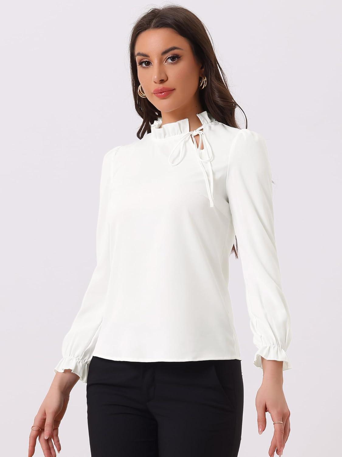 imageAllegra K Womens Fall Blouse 2025 Long Sleeve Ruffle Tie Neck Business Work TopWhite