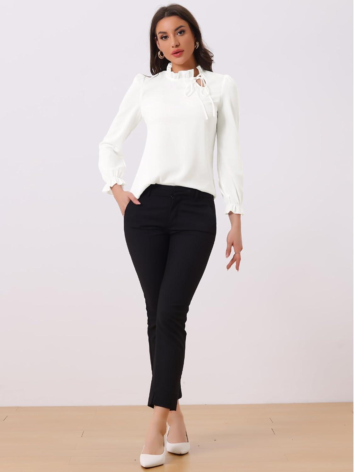 imageAllegra K Womens Fall Blouse 2025 Long Sleeve Ruffle Tie Neck Business Work TopWhite