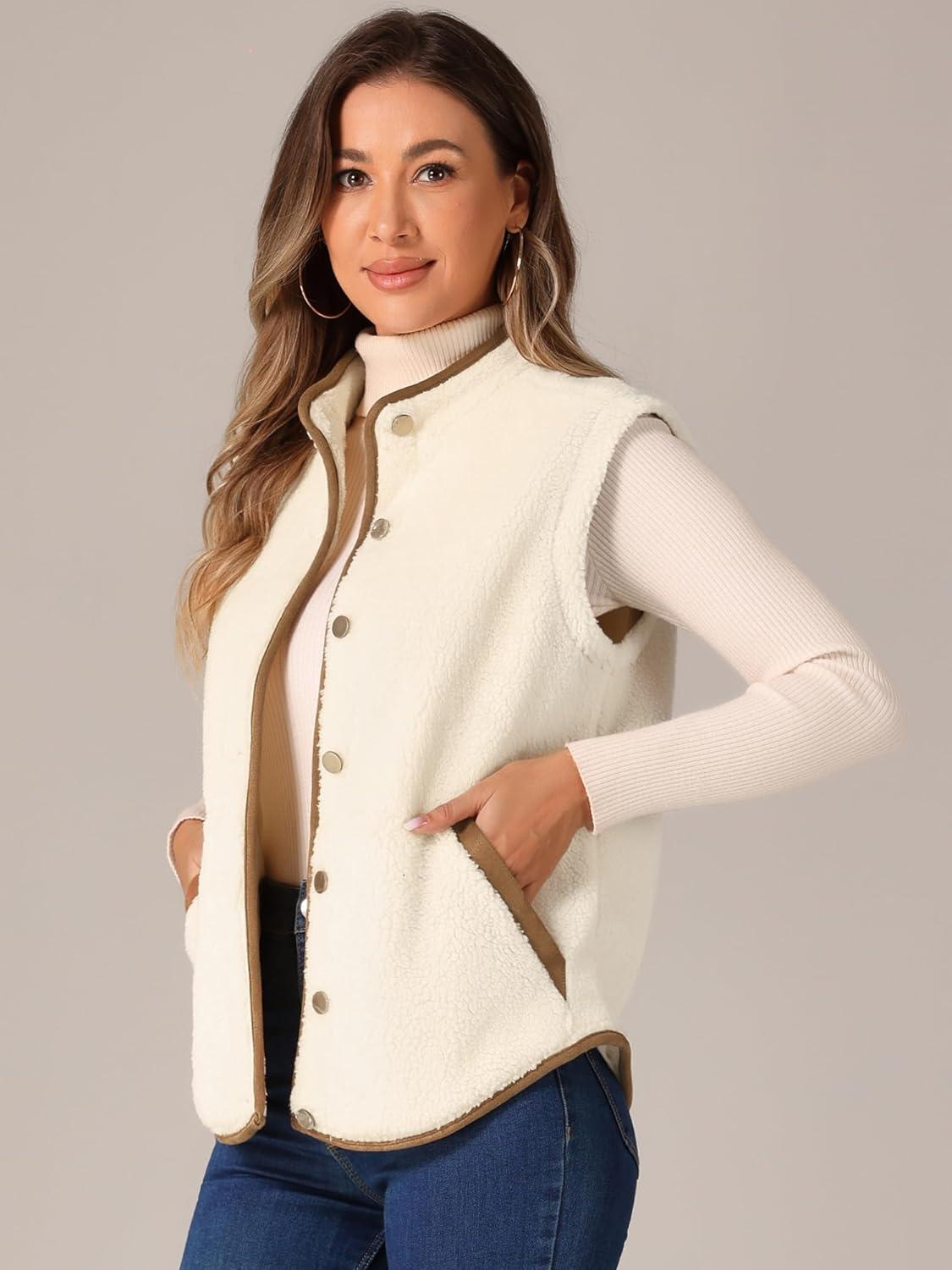 imageAllegra K Womens Fleece Vest Button Down Sleeveless Jacket with Pockets Oversized Fuzzy VestsApricot Brown