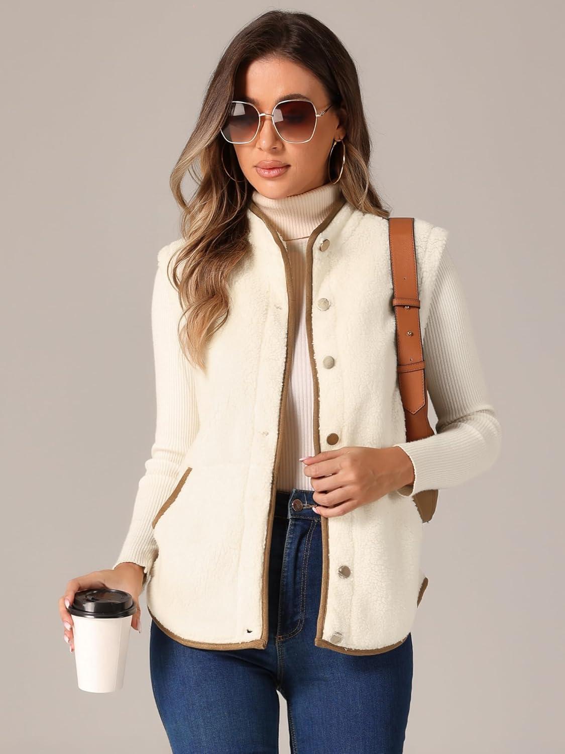 imageAllegra K Womens Fleece Vest Button Down Sleeveless Jacket with Pockets Oversized Fuzzy VestsApricot Brown