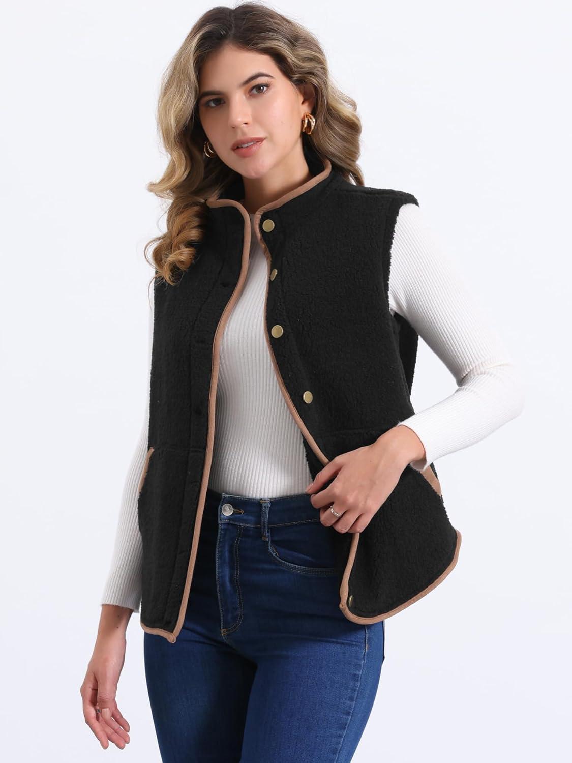 imageAllegra K Womens Fleece Vest Button Down Sleeveless Jacket with Pockets Oversized Fuzzy VestsBlack