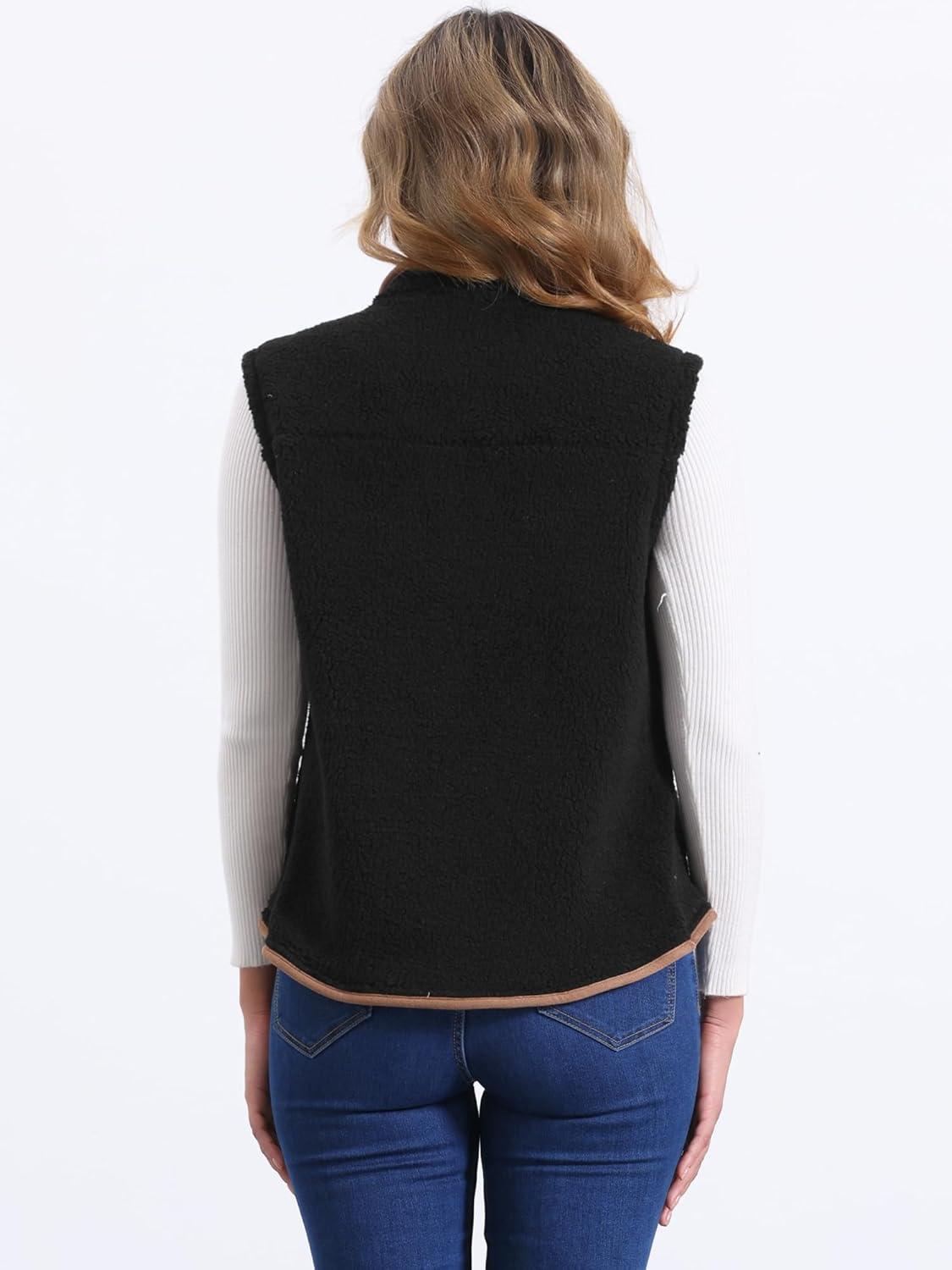 imageAllegra K Womens Fleece Vest Button Down Sleeveless Jacket with Pockets Oversized Fuzzy VestsBlack
