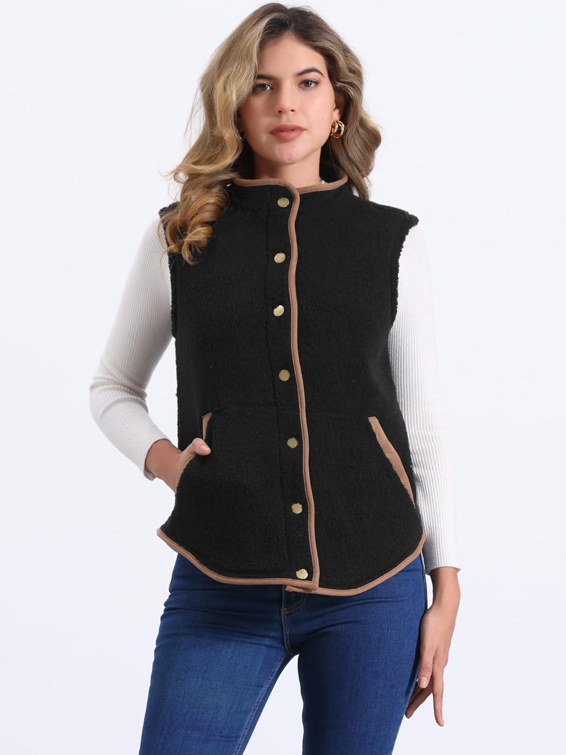 imageAllegra K Womens Fleece Vest Button Down Sleeveless Jacket with Pockets Oversized Fuzzy VestsBlack