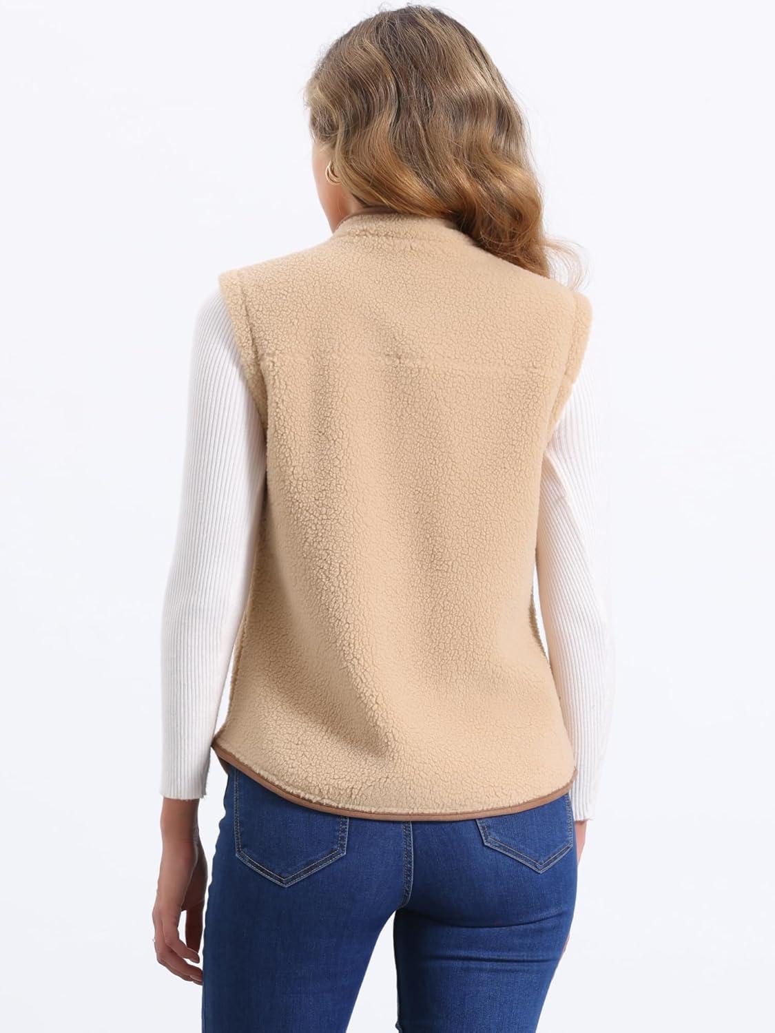 imageAllegra K Womens Fleece Vest Button Down Sleeveless Jacket with Pockets Oversized Fuzzy VestsBrown