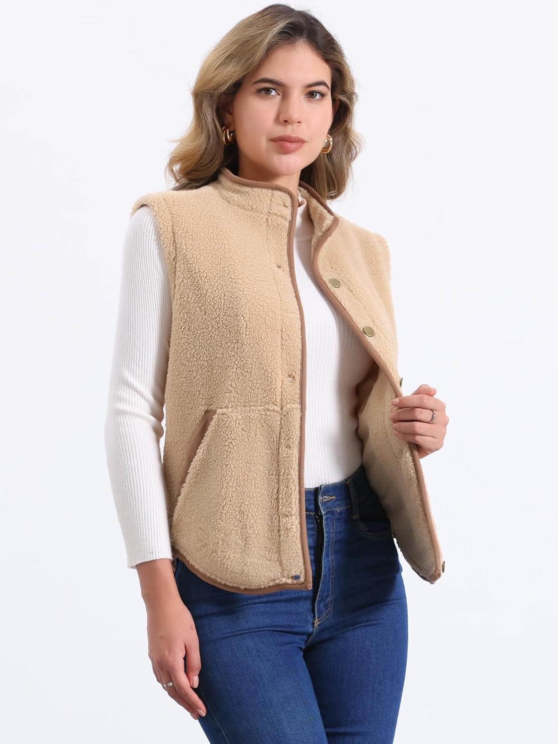 imageAllegra K Womens Fleece Vest Button Down Sleeveless Jacket with Pockets Oversized Fuzzy VestsBrown