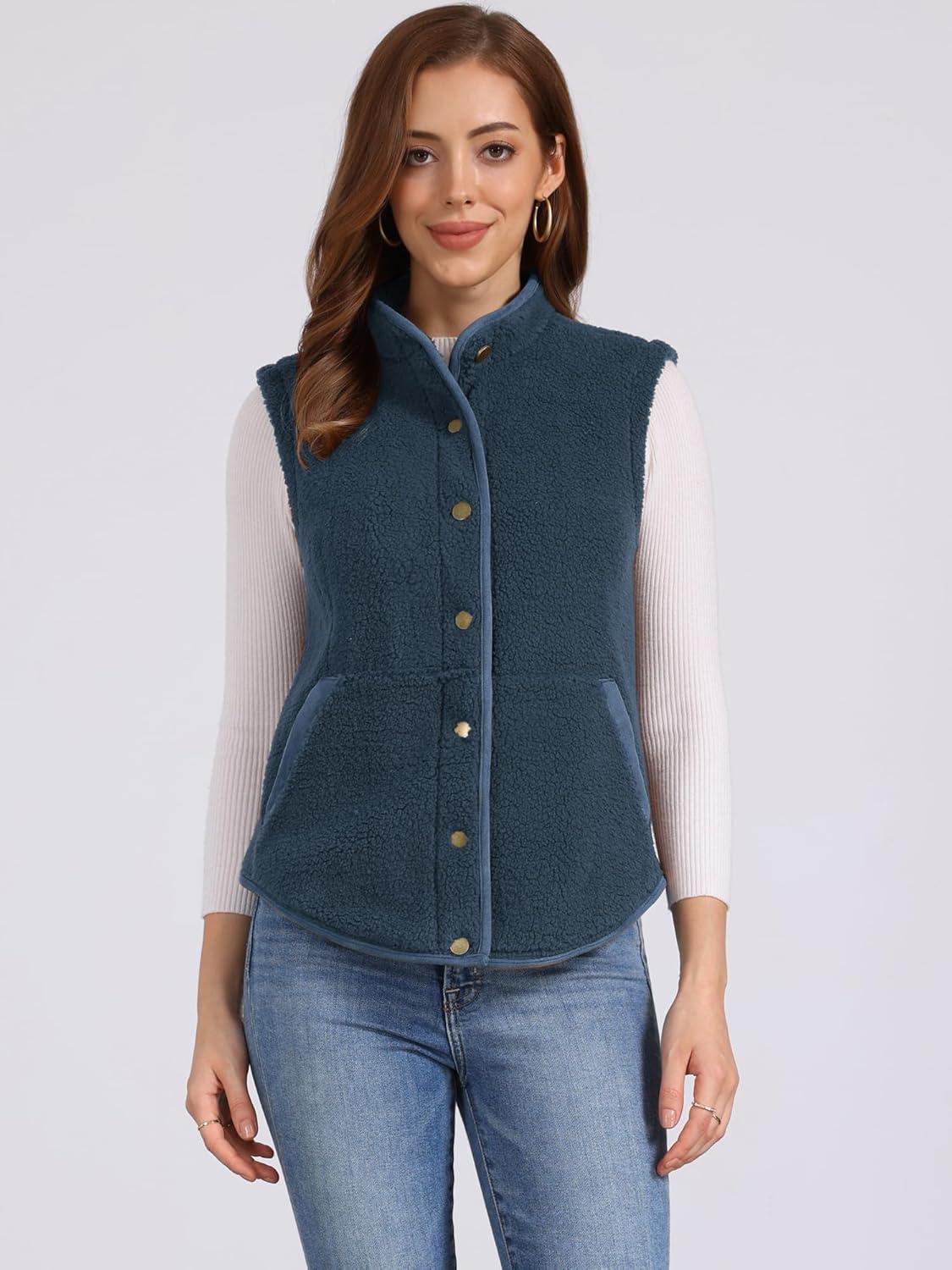 imageAllegra K Womens Fleece Vest Button Down Sleeveless Jacket with Pockets Oversized Fuzzy VestsDark Blue