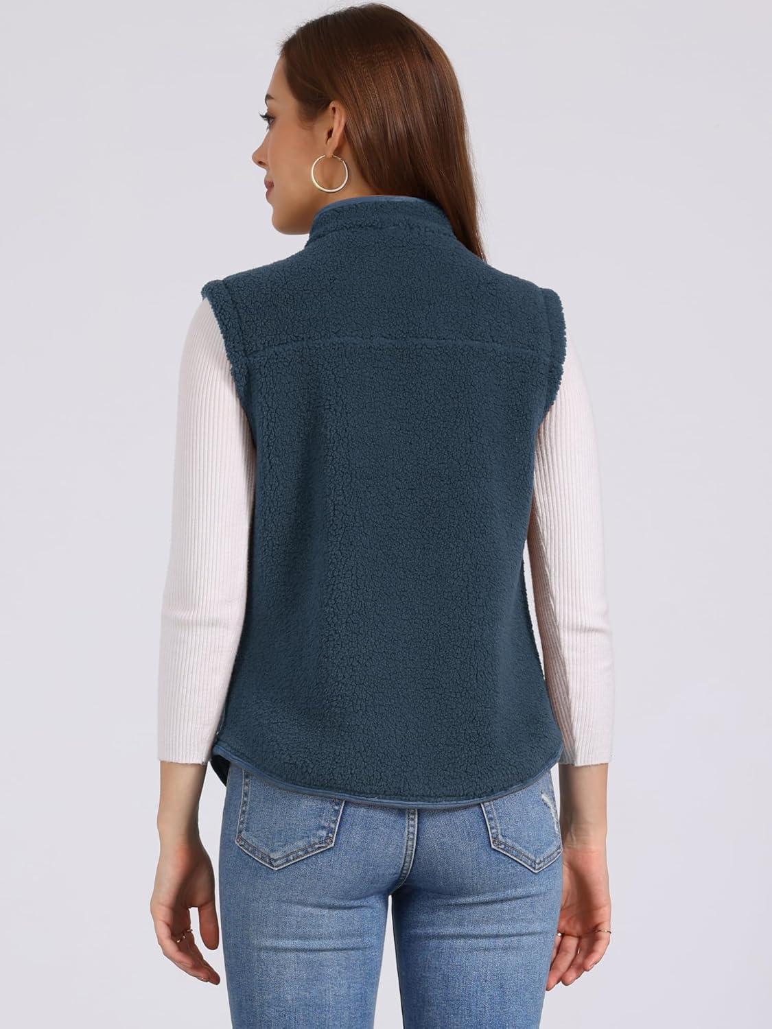 imageAllegra K Womens Fleece Vest Button Down Sleeveless Jacket with Pockets Oversized Fuzzy VestsDark Blue