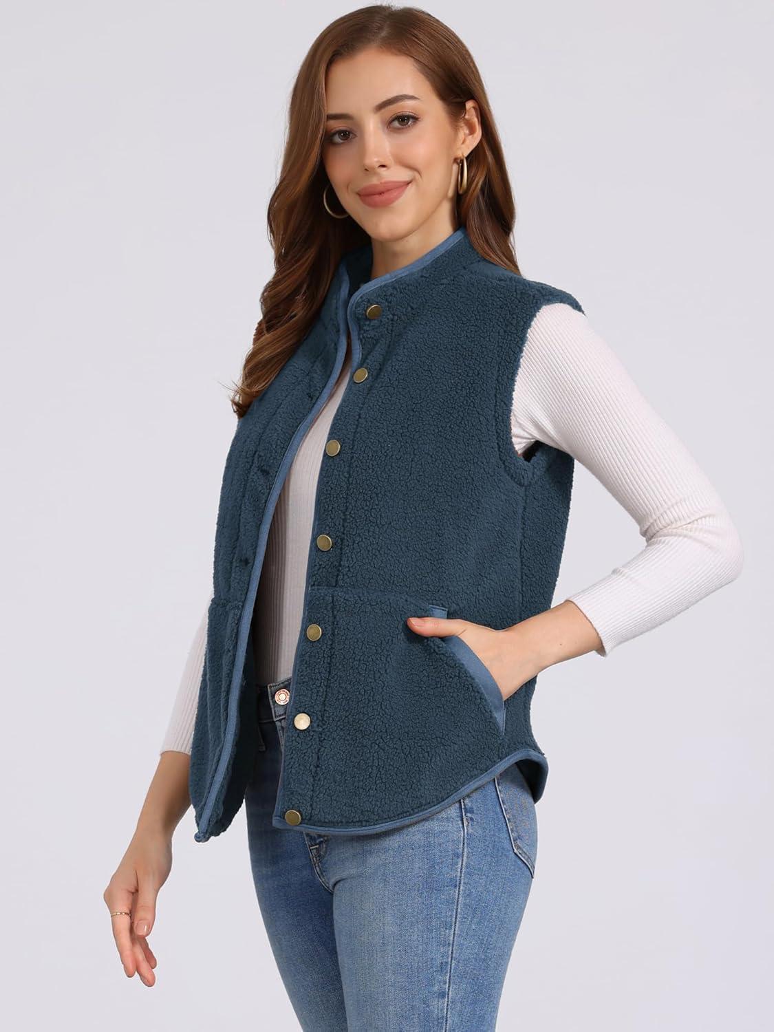 imageAllegra K Womens Fleece Vest Button Down Sleeveless Jacket with Pockets Oversized Fuzzy VestsDark Blue