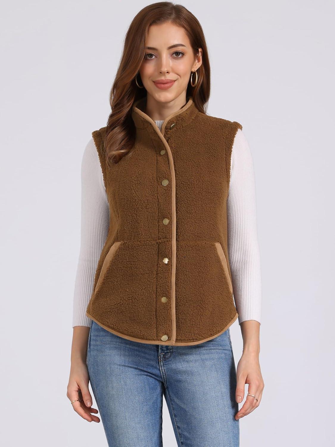 imageAllegra K Womens Fleece Vest Button Down Sleeveless Jacket with Pockets Oversized Fuzzy VestsDark Brown
