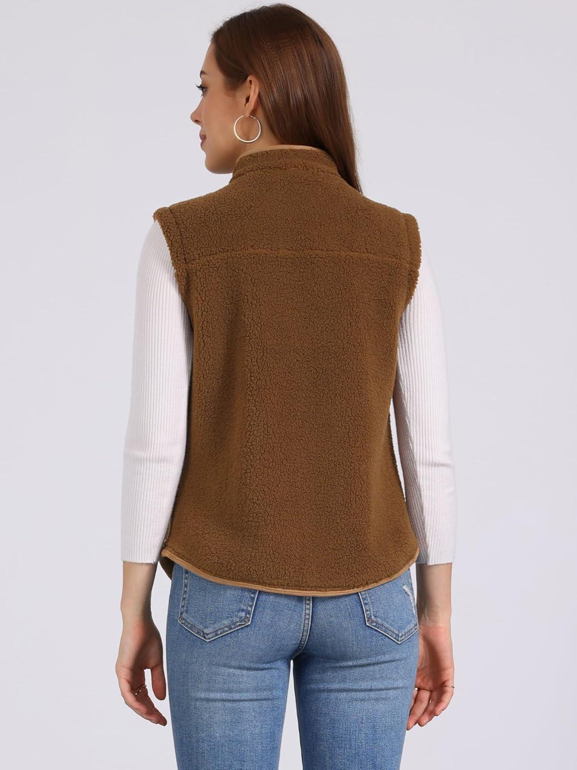 imageAllegra K Womens Fleece Vest Button Down Sleeveless Jacket with Pockets Oversized Fuzzy VestsDark Brown