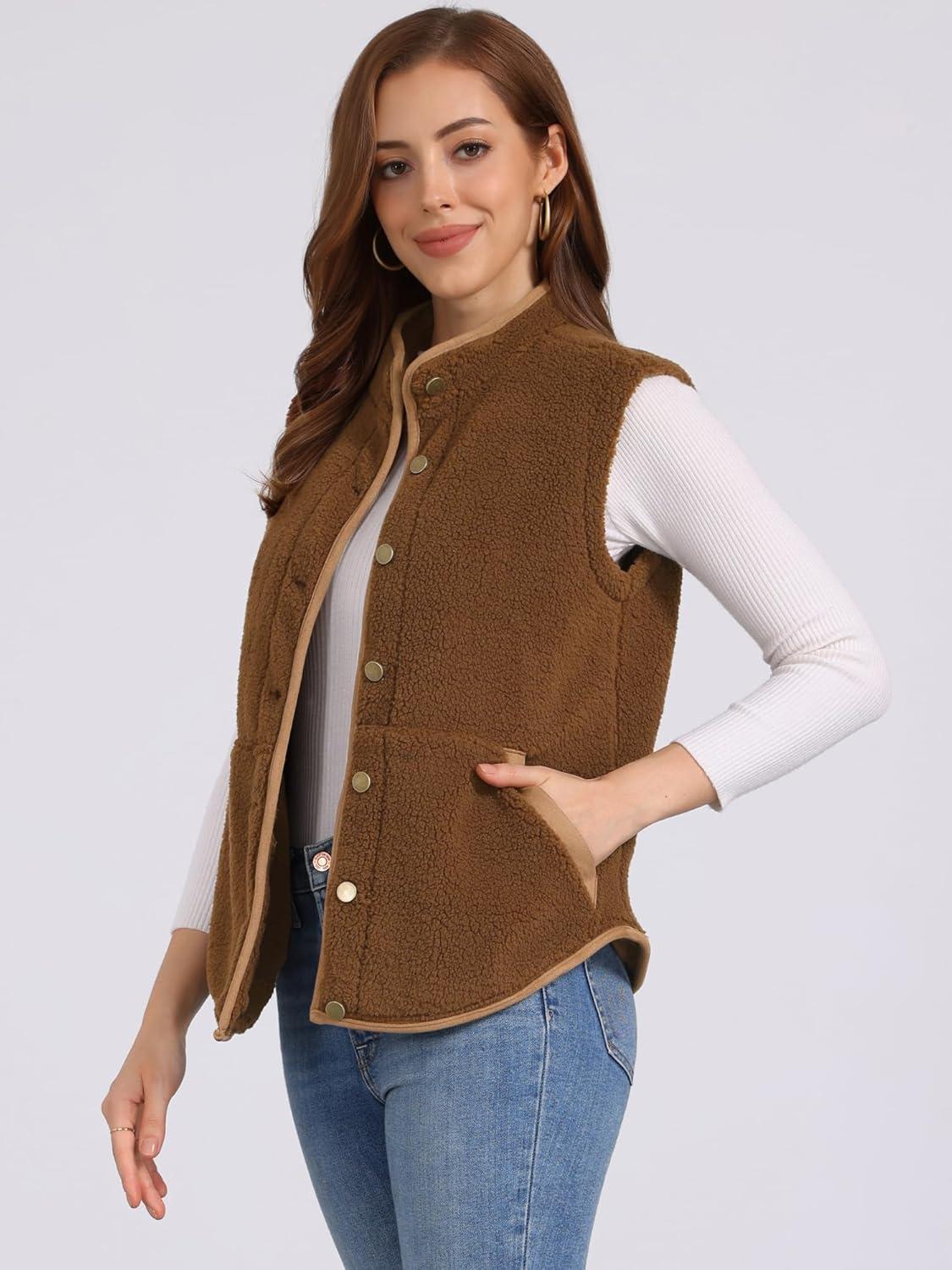 imageAllegra K Womens Fleece Vest Button Down Sleeveless Jacket with Pockets Oversized Fuzzy VestsDark Brown