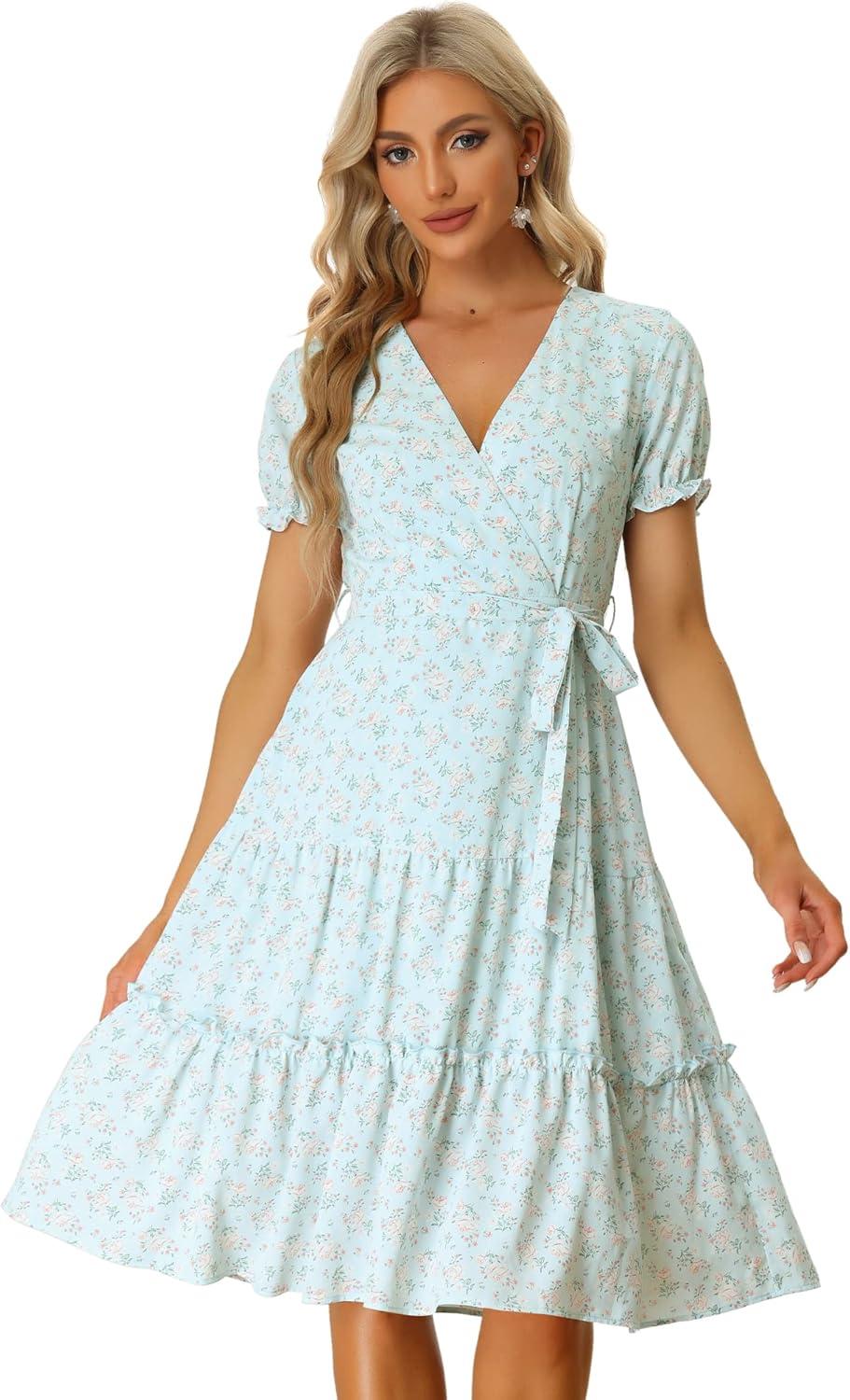 imageAllegra K Womens Floral Aline V Neck Tie Waist Puff Sleeve Midi Dress