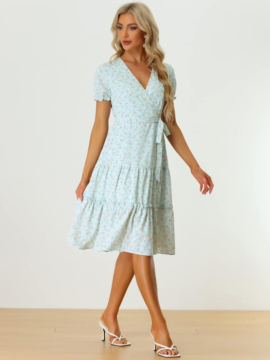 imageAllegra K Womens Floral Aline V Neck Tie Waist Puff Sleeve Midi Dress
