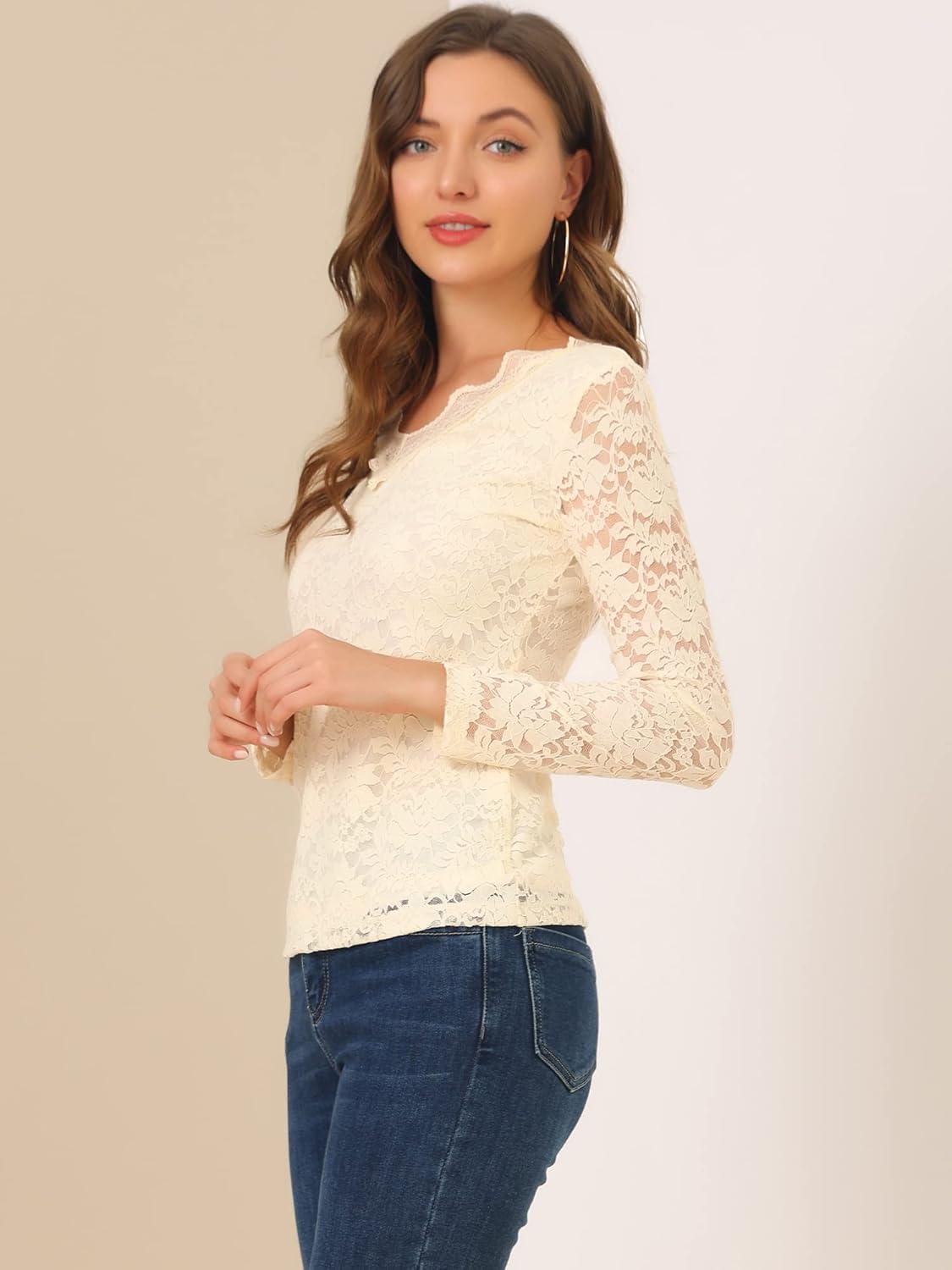 imageAllegra K Womens Floral Embroidery Sheer Long Sleeves Lace Blouse TopBeige