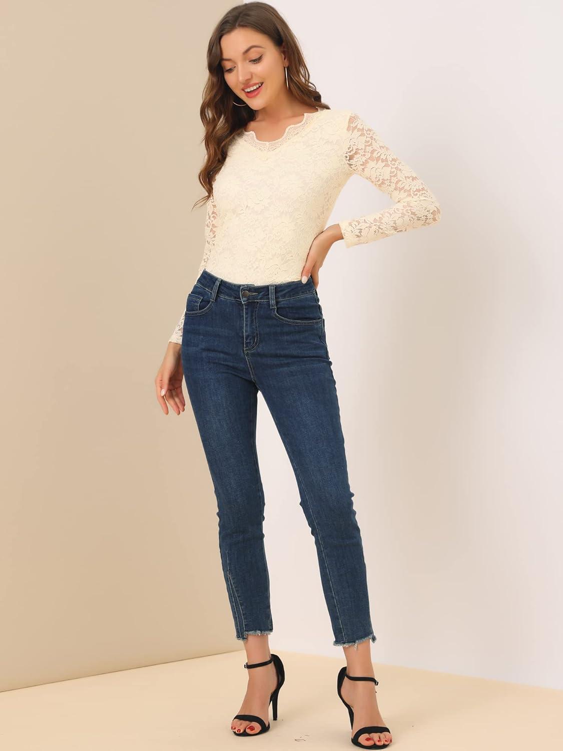 imageAllegra K Womens Floral Embroidery Sheer Long Sleeves Lace Blouse TopBeige