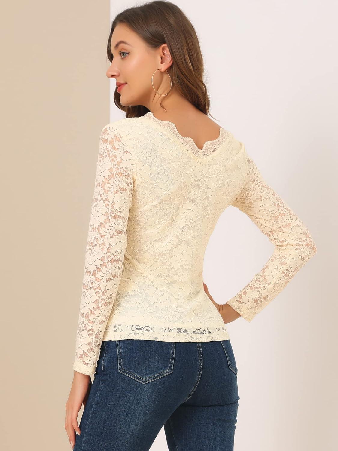 imageAllegra K Womens Floral Embroidery Sheer Long Sleeves Lace Blouse TopBeige