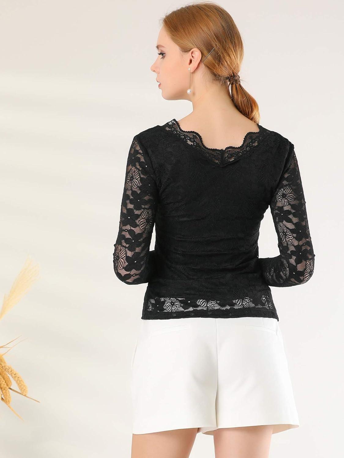 imageAllegra K Womens Floral Embroidery Sheer Long Sleeves Lace Blouse TopBlack