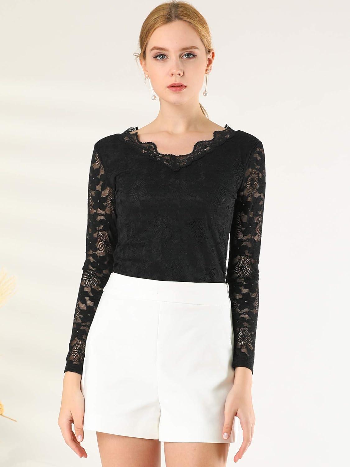 imageAllegra K Womens Floral Embroidery Sheer Long Sleeves Lace Blouse TopBlack