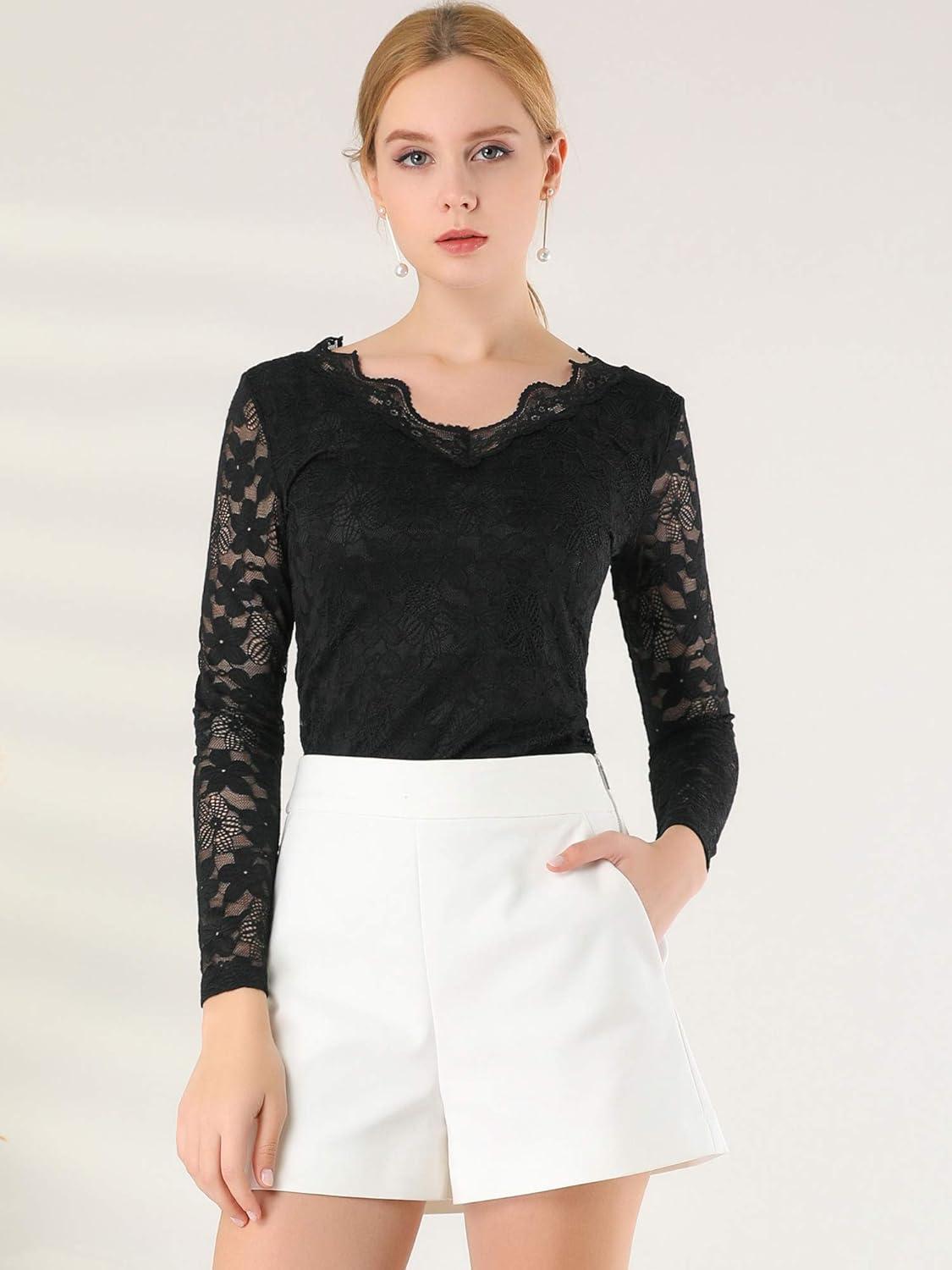 imageAllegra K Womens Floral Embroidery Sheer Long Sleeves Lace Blouse TopBlack