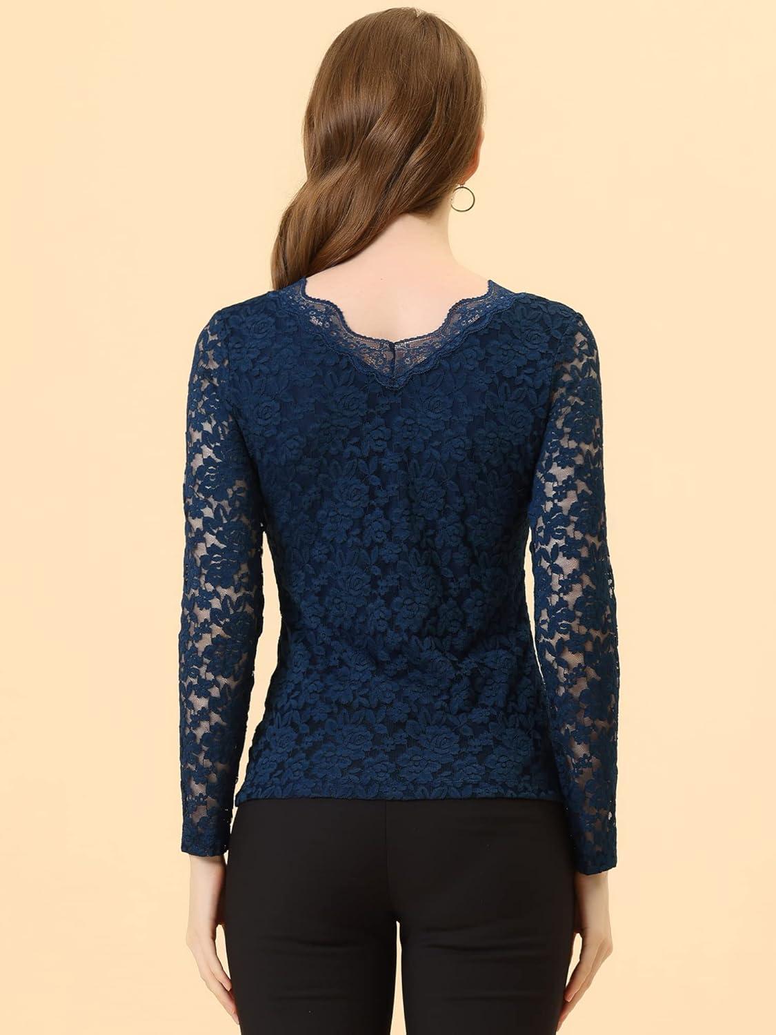 imageAllegra K Womens Floral Embroidery Sheer Long Sleeves Lace Blouse TopDark Blue