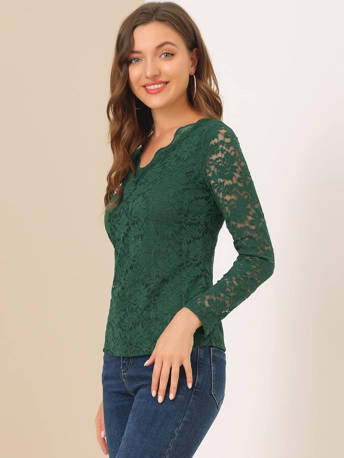 imageAllegra K Womens Floral Embroidery Sheer Long Sleeves Lace Blouse TopDark Green