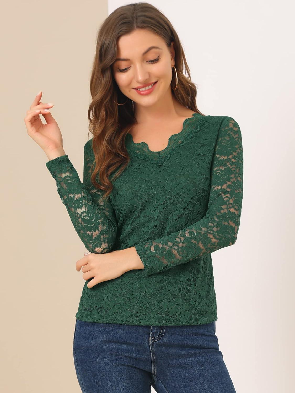 imageAllegra K Womens Floral Embroidery Sheer Long Sleeves Lace Blouse TopDark Green