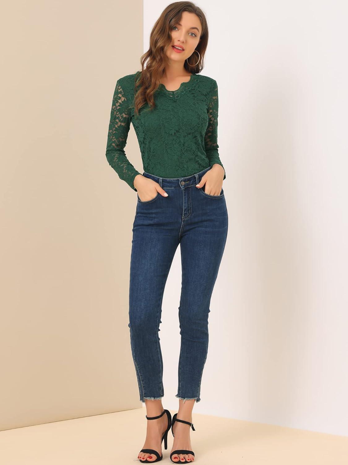 imageAllegra K Womens Floral Embroidery Sheer Long Sleeves Lace Blouse TopDark Green