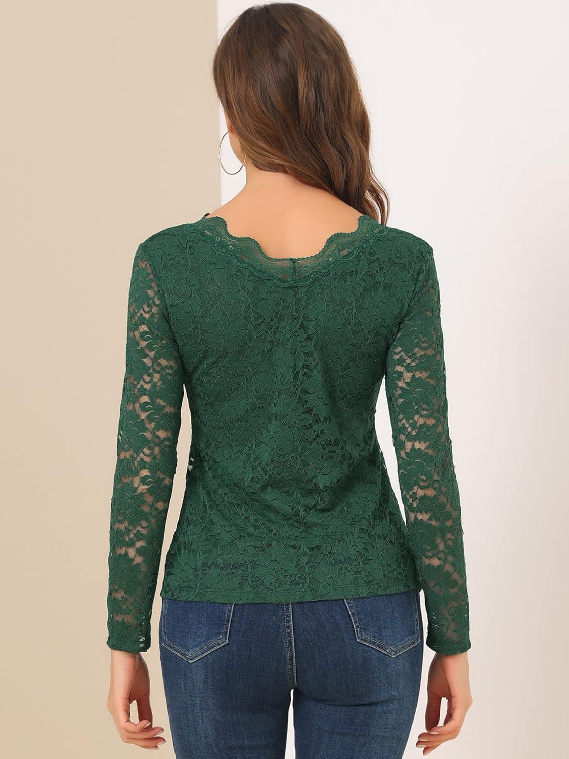 imageAllegra K Womens Floral Embroidery Sheer Long Sleeves Lace Blouse TopDark Green