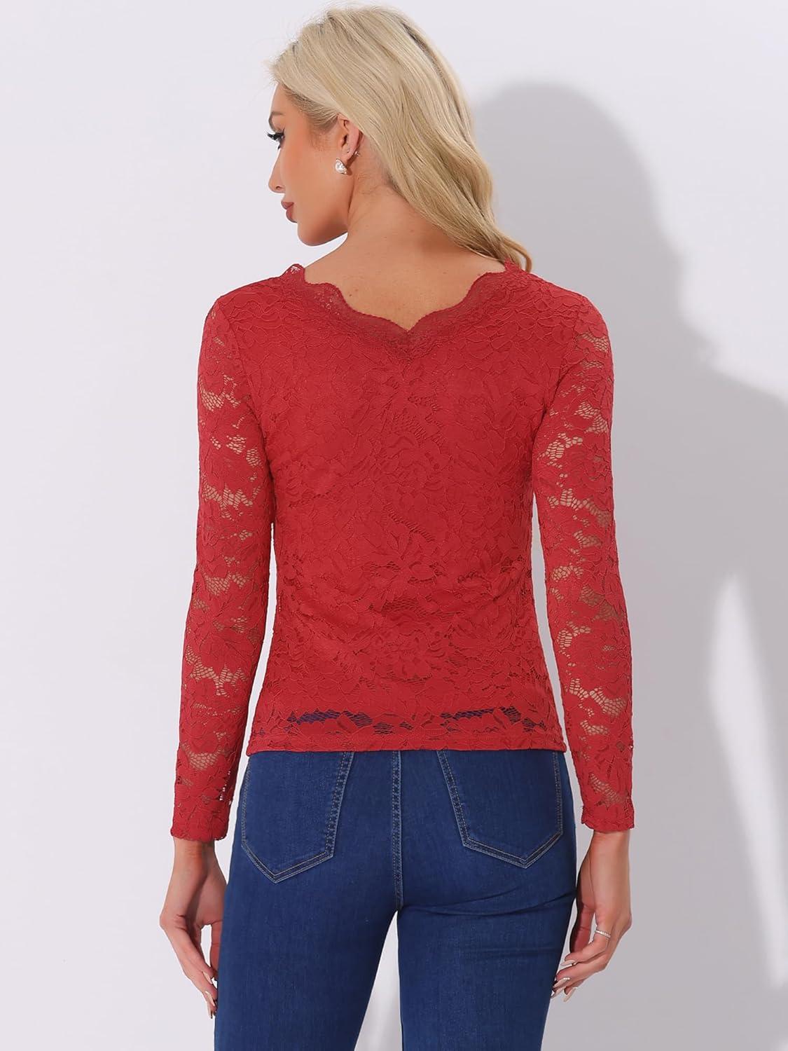 imageAllegra K Womens Floral Embroidery Sheer Long Sleeves Lace Blouse TopRed