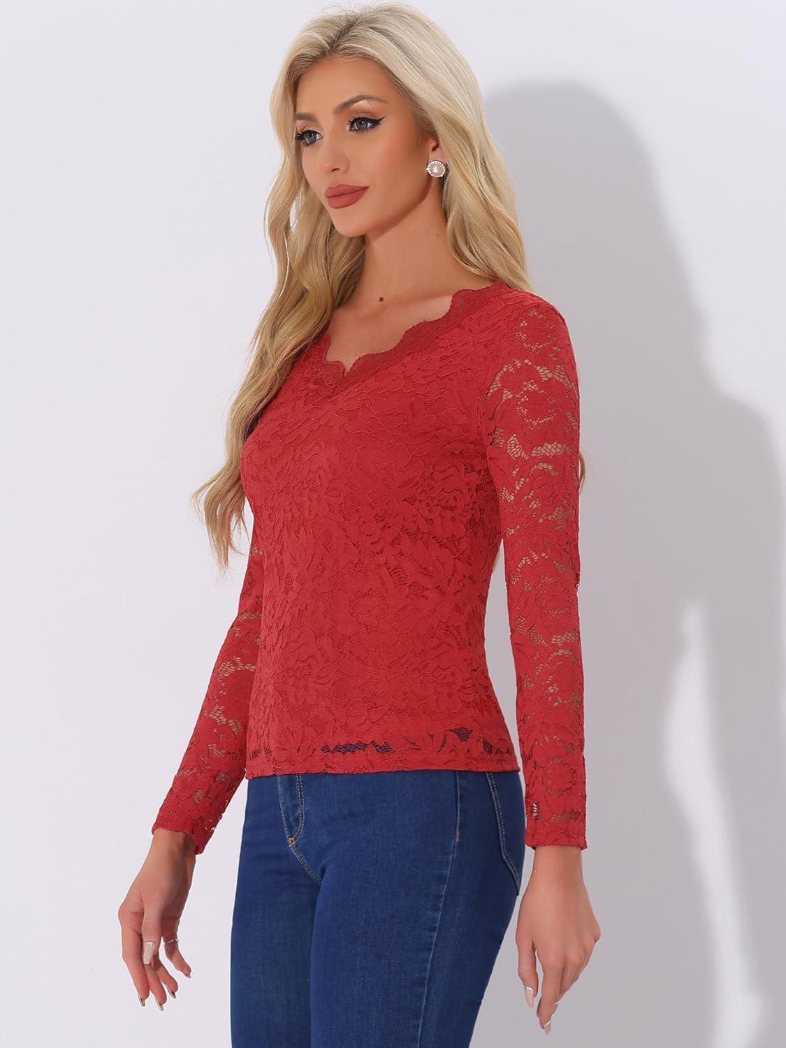 imageAllegra K Womens Floral Embroidery Sheer Long Sleeves Lace Blouse TopRed