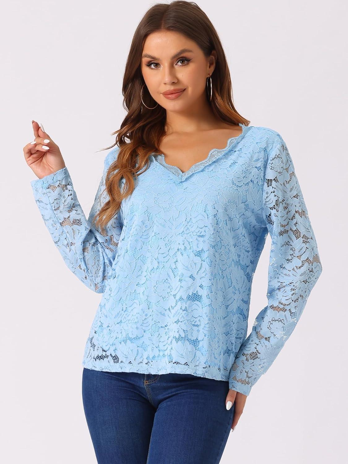 imageAllegra K Womens Floral Embroidery Sheer Long Sleeves Lace Blouse TopSky Blue