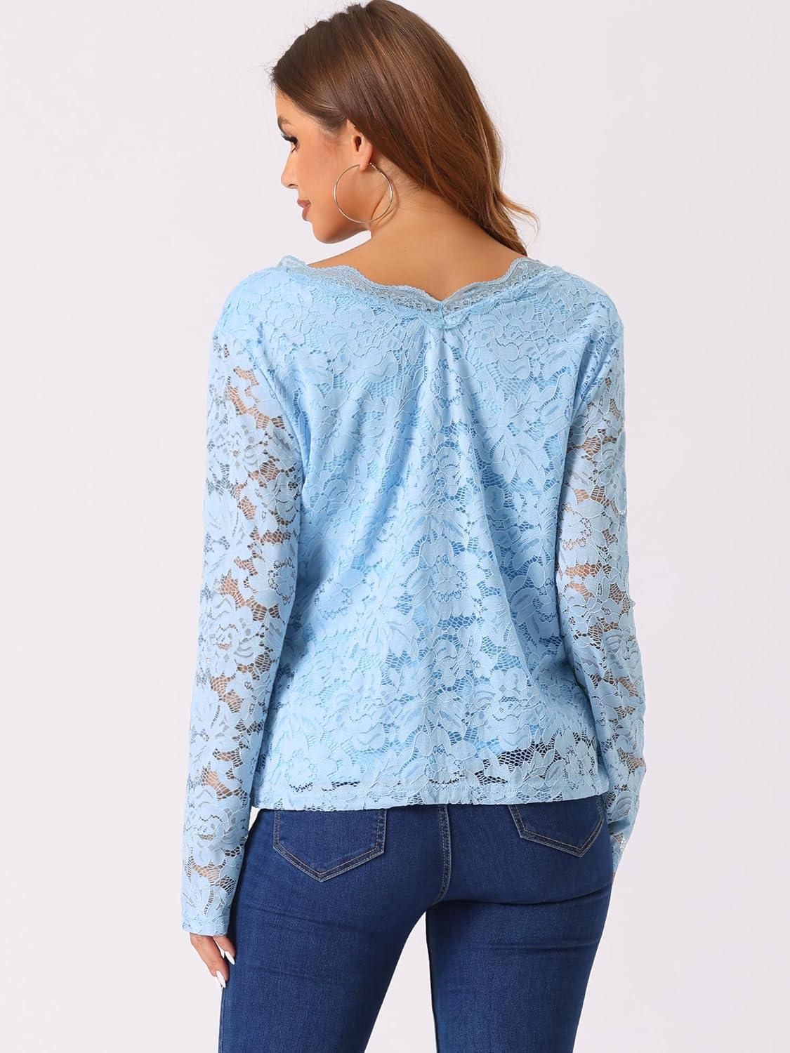 imageAllegra K Womens Floral Embroidery Sheer Long Sleeves Lace Blouse TopSky Blue