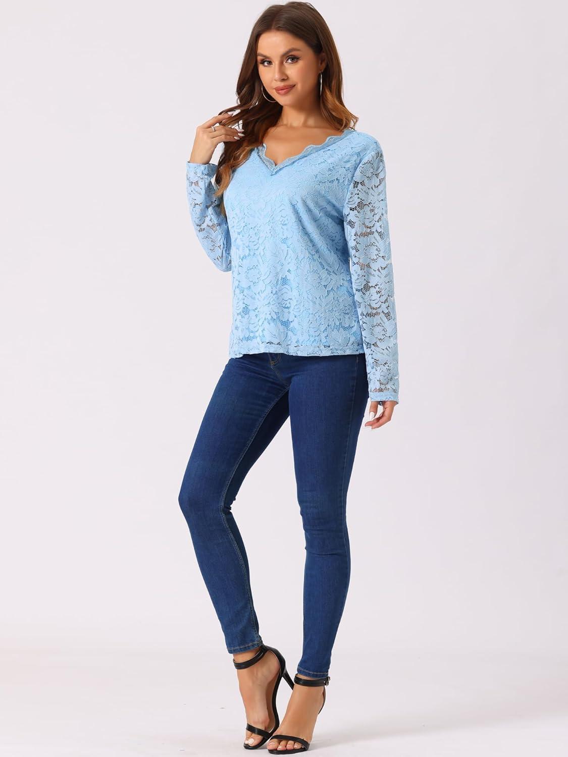 imageAllegra K Womens Floral Embroidery Sheer Long Sleeves Lace Blouse TopSky Blue
