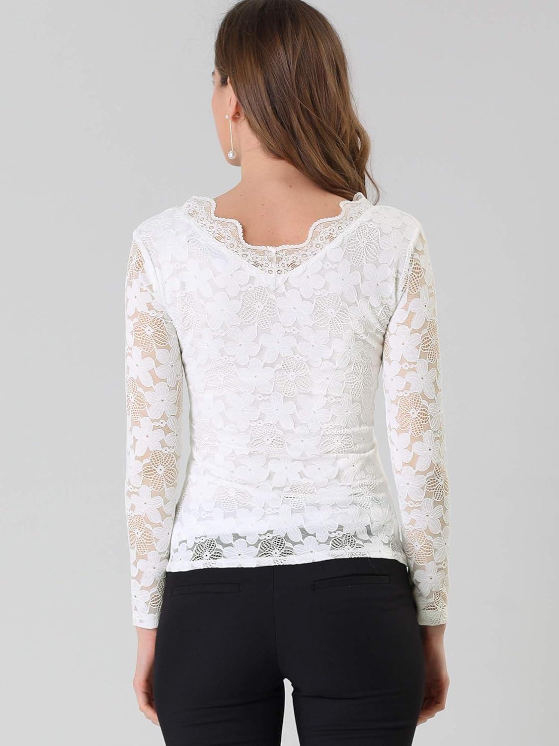 imageAllegra K Womens Floral Embroidery Sheer Long Sleeves Lace Blouse TopWhite