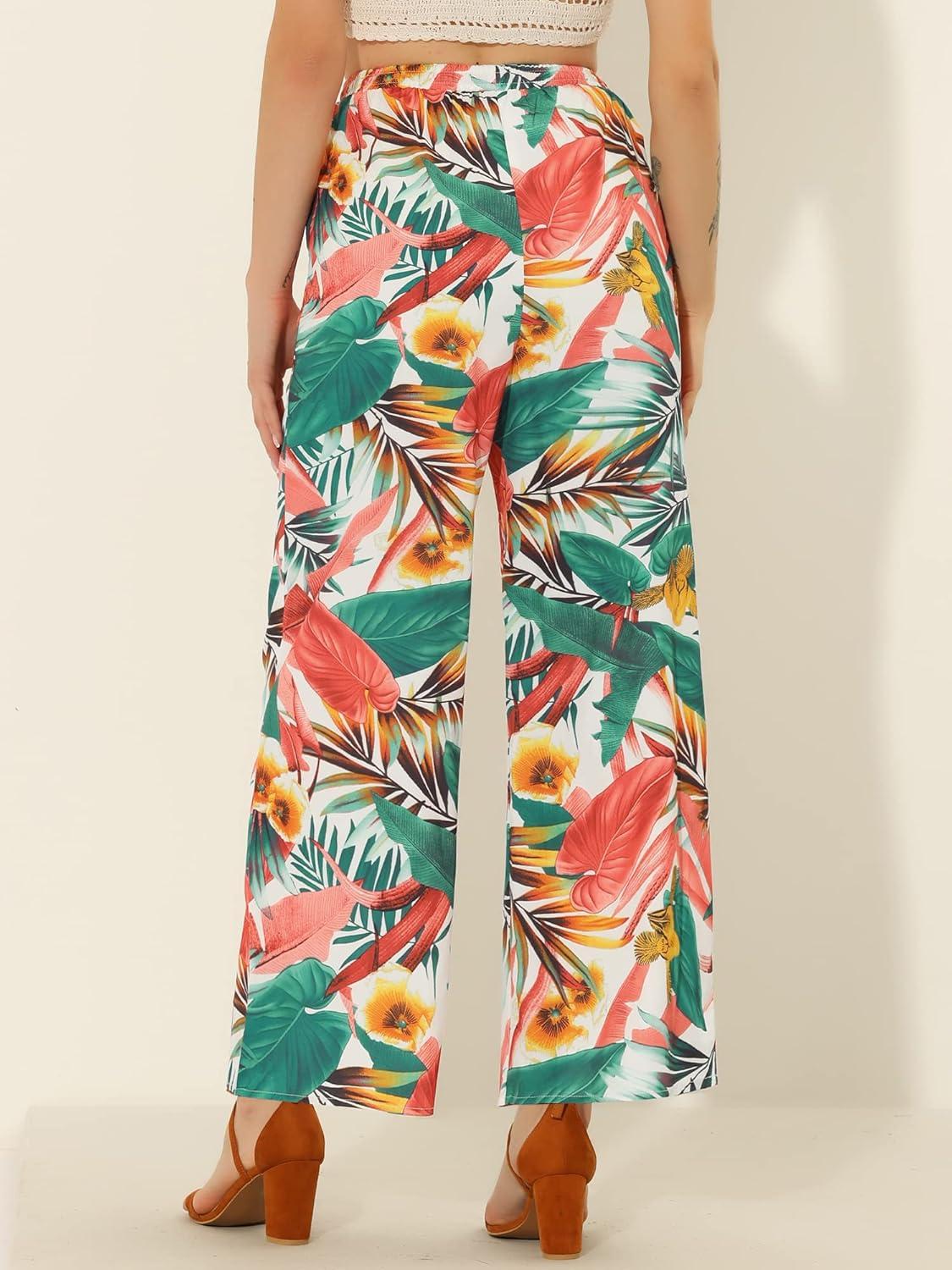 imageAllegra K Womens Floral Palazzo Elastic Waist Casual Wide Leg Tropical Beach PantsWhite