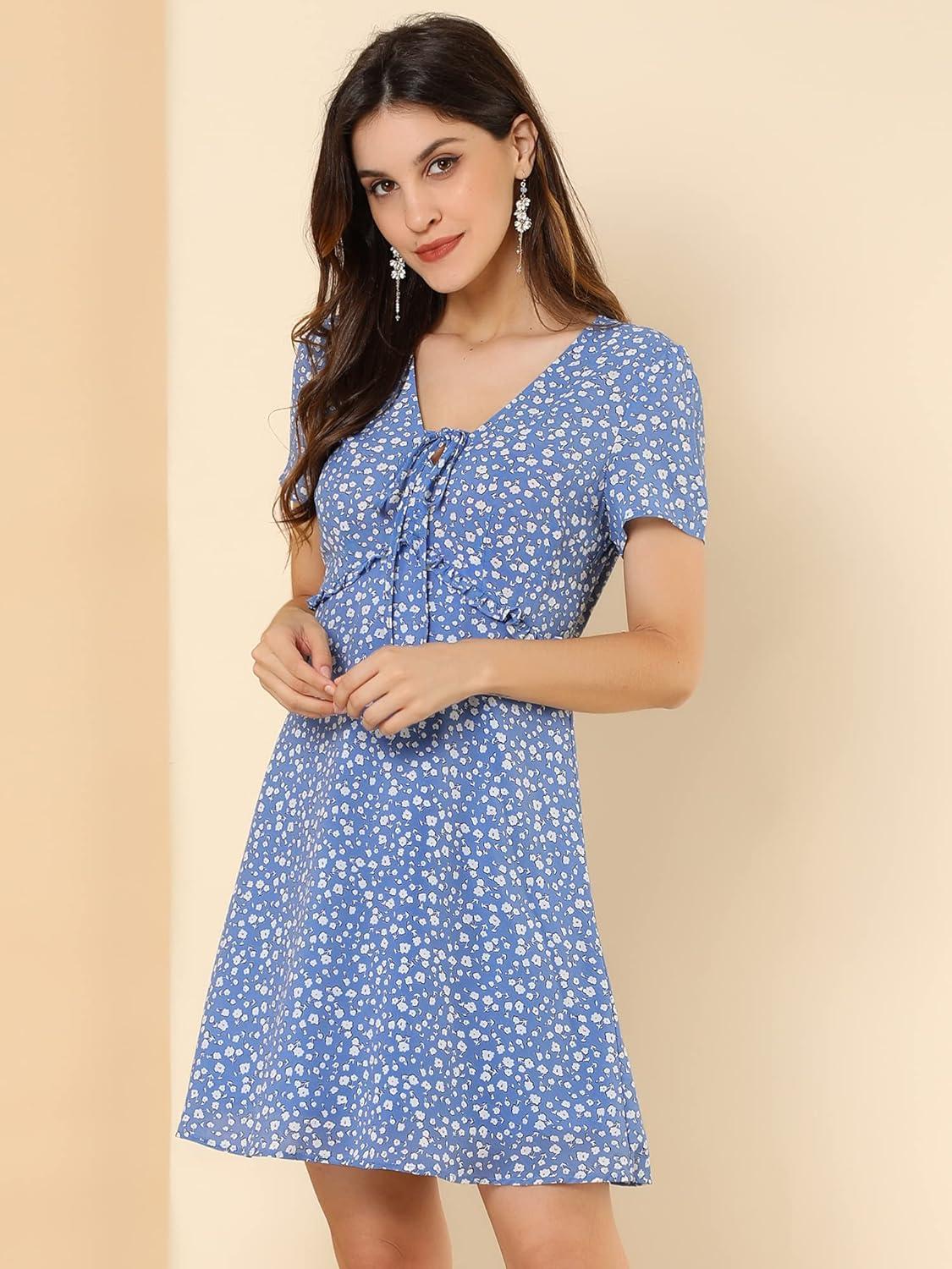 imageAllegra K Womens Floral Ruffle Trim Tie Front Dresses Short Sleeve Summer Flowy DressBlue