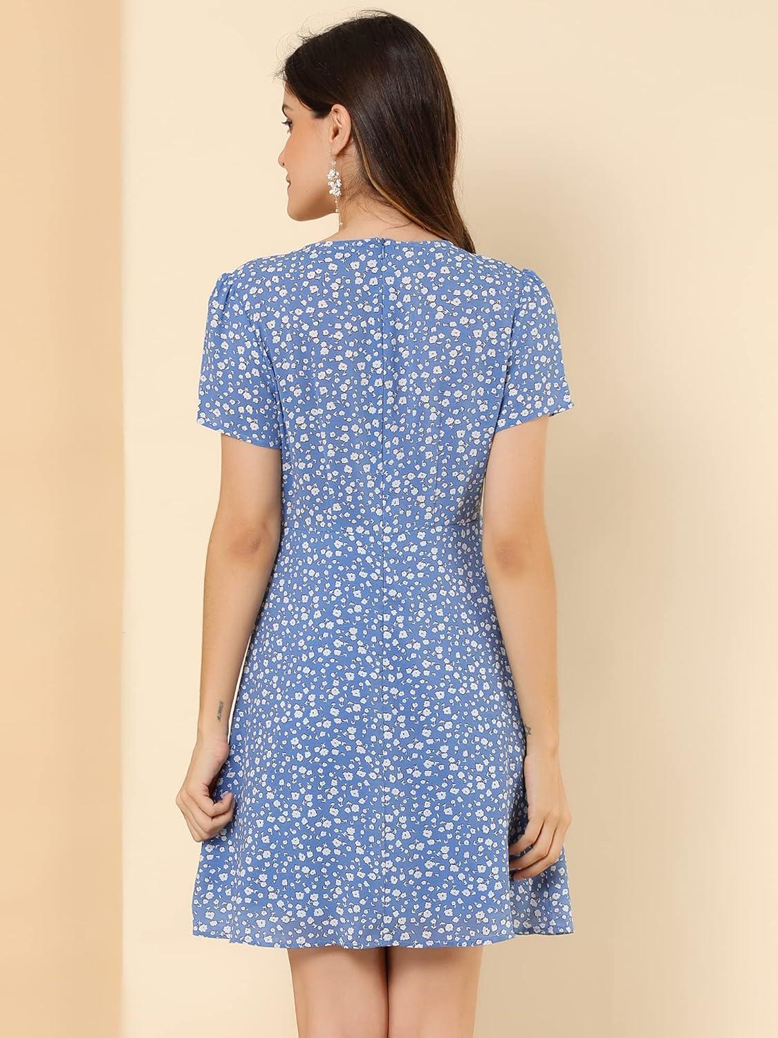 imageAllegra K Womens Floral Ruffle Trim Tie Front Dresses Short Sleeve Summer Flowy DressBlue