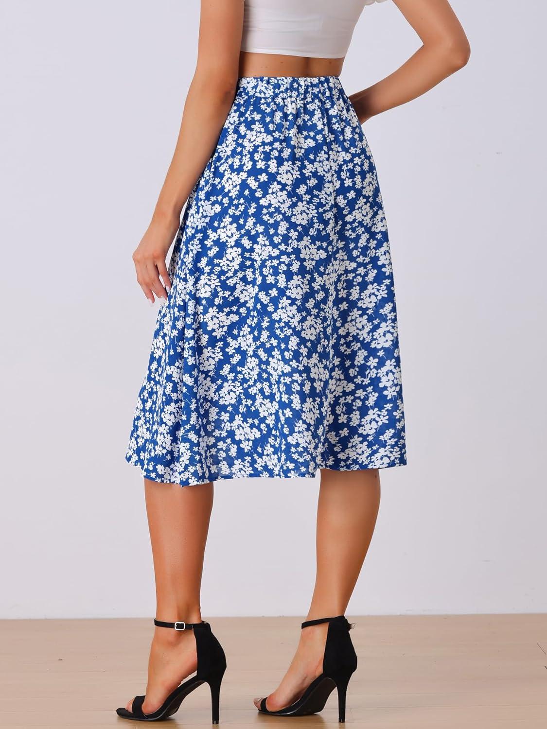 imageAllegra K Womens Floral Skirt ALine Midi Skirt Chiffon Elegant 2025 Fall SkirtsBlue White