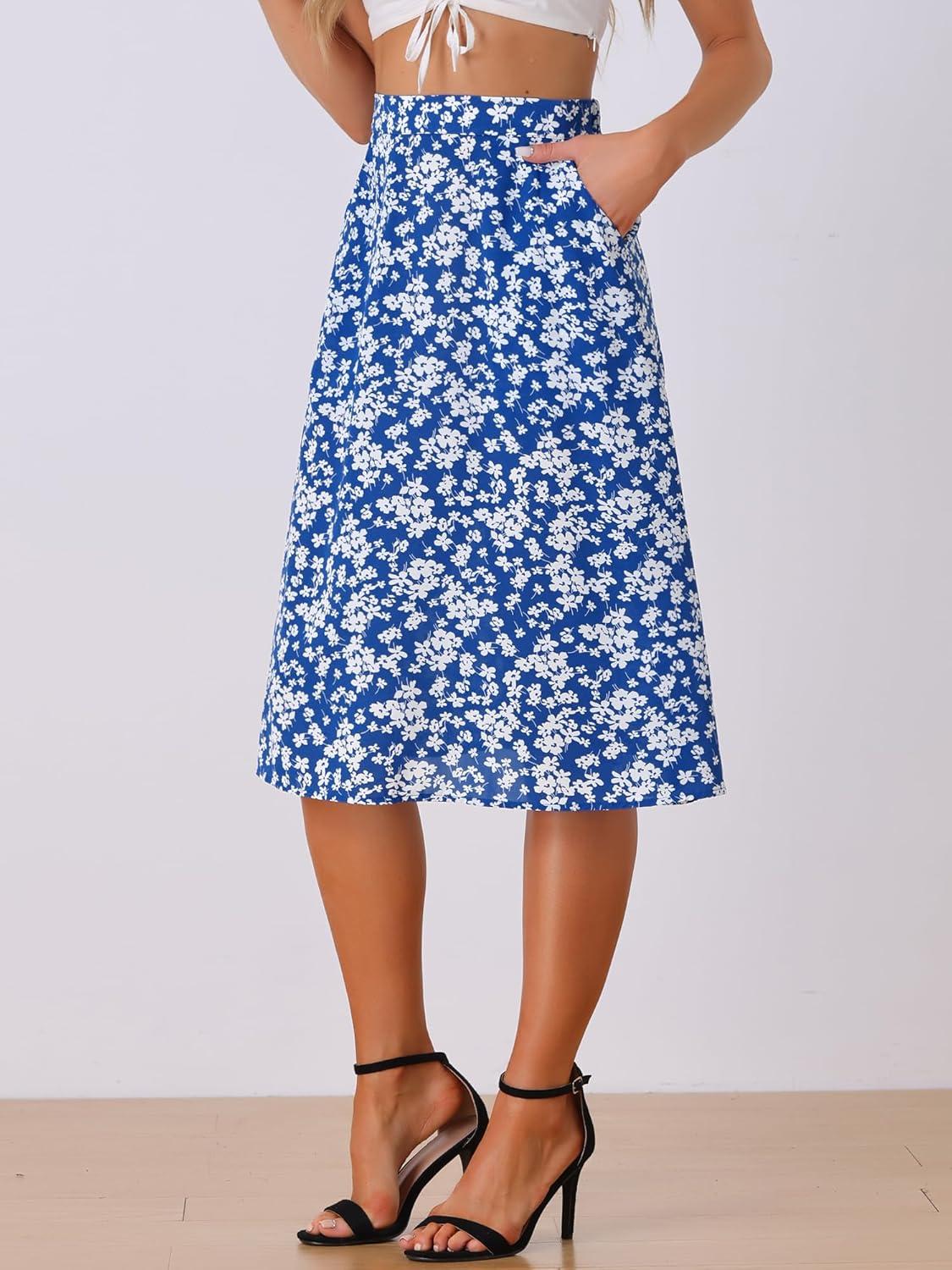 imageAllegra K Womens Floral Skirt ALine Midi Skirt Chiffon Elegant 2025 Fall SkirtsBlue White